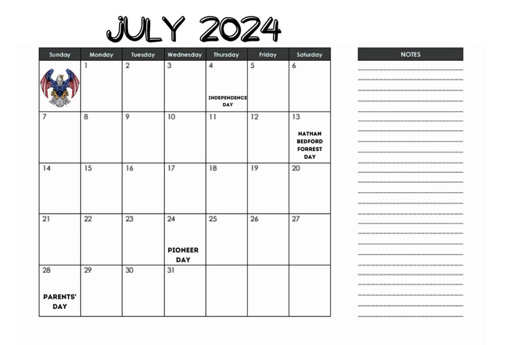 July 2024 Printable Calendar USA Templates PDF