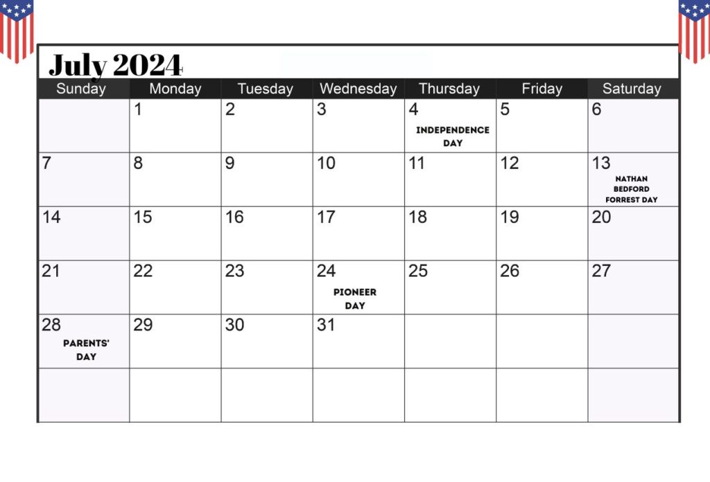July 2024 USA Customizable Calendar