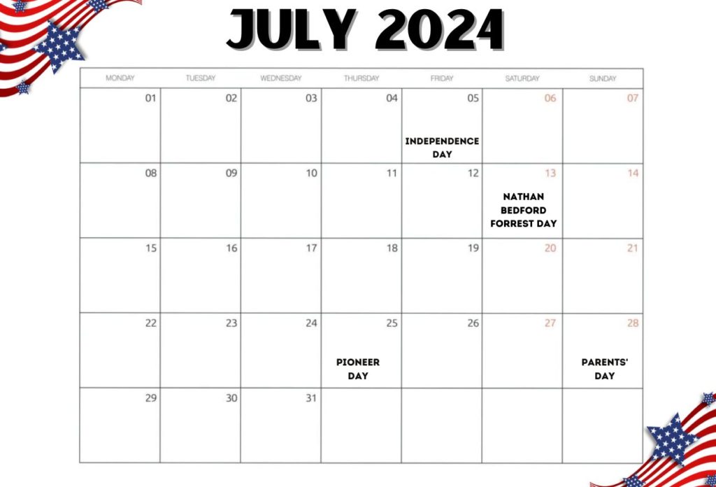 July 2024 USA Editable word Calendar
