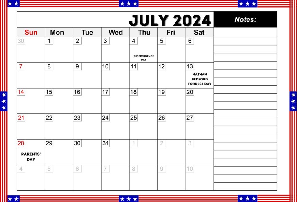 July 2024 USA a4 letter page calendar