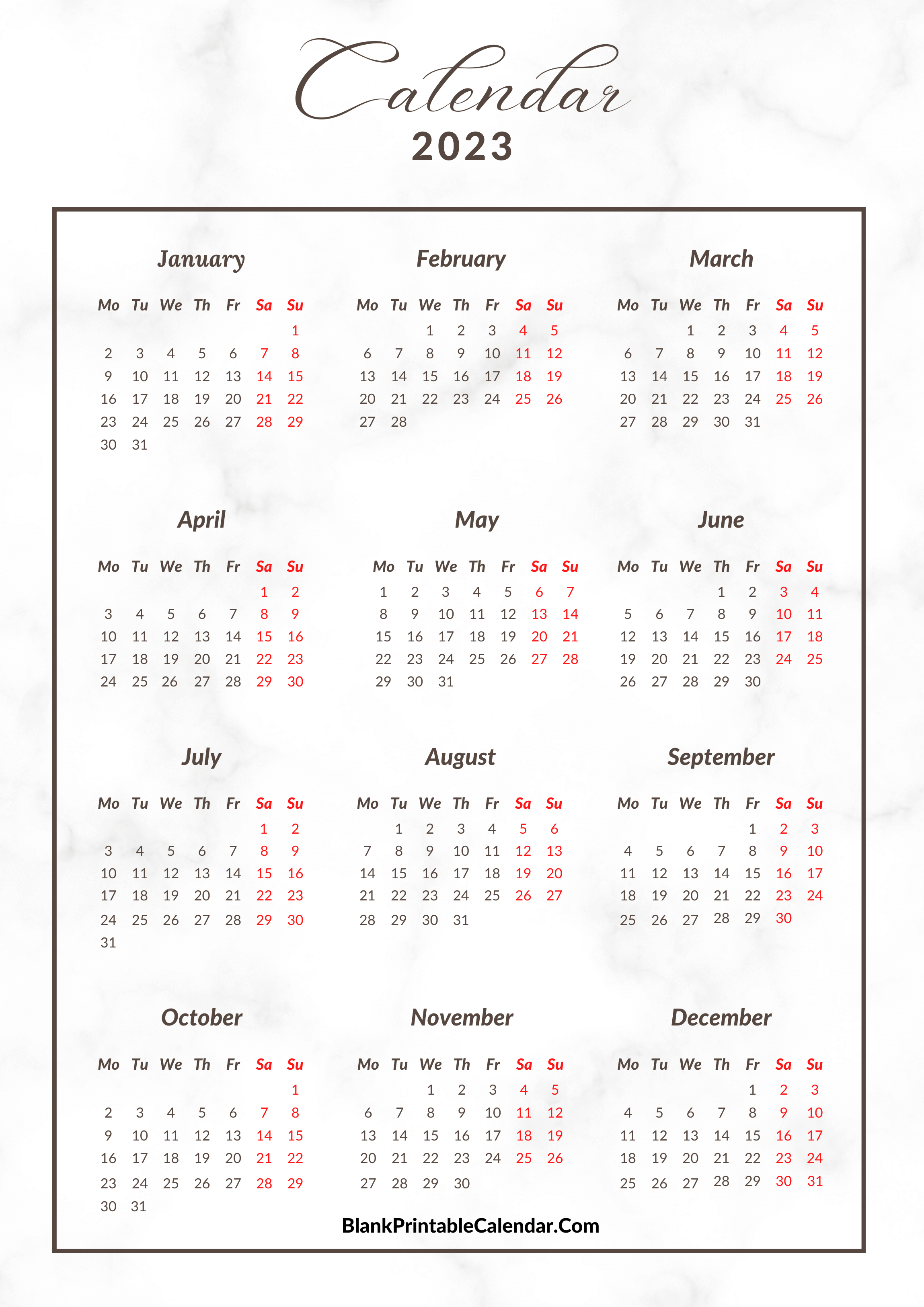 Blank Yearly Calendar 2023