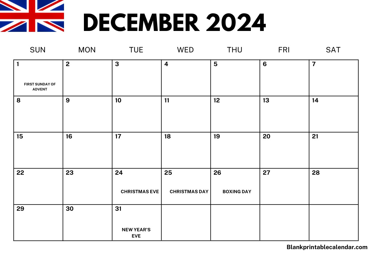 December 2024 UK Holidays Calendar