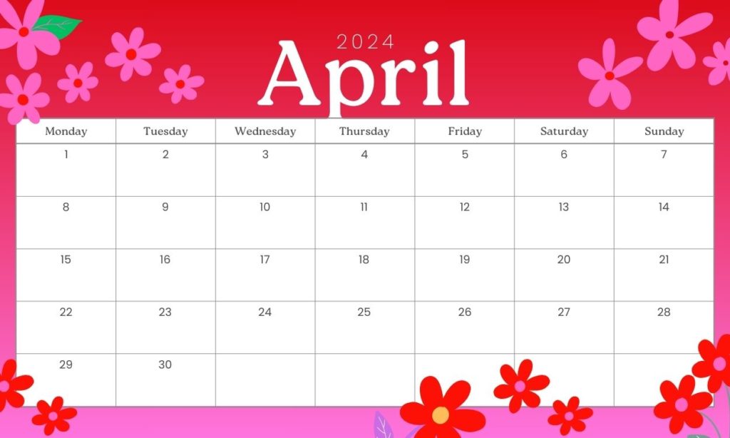 2024 April Floral Calendar For Wall