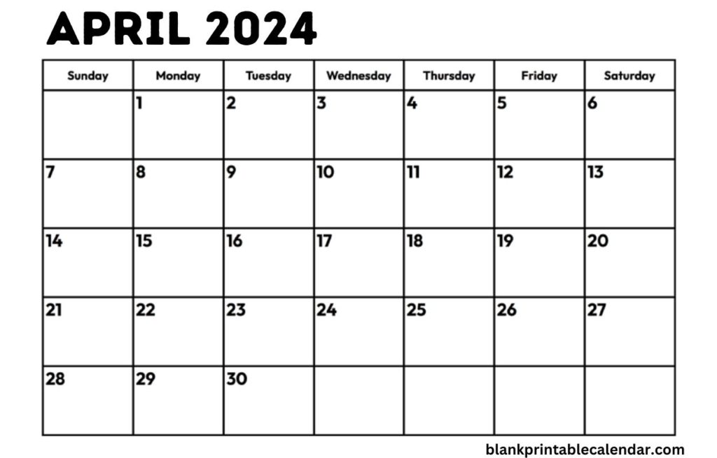 April 2024 Calendar Blank Word