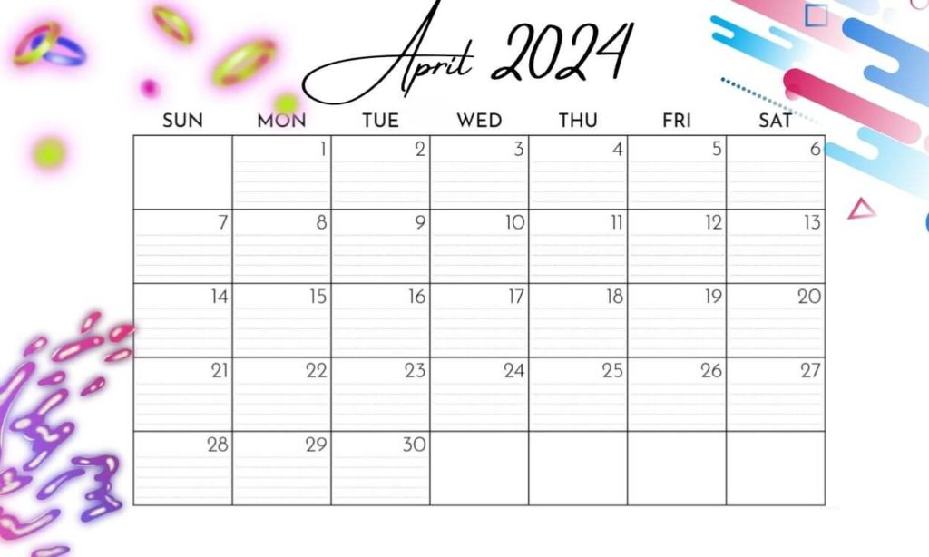 April 2024 Calendar Cute PNG