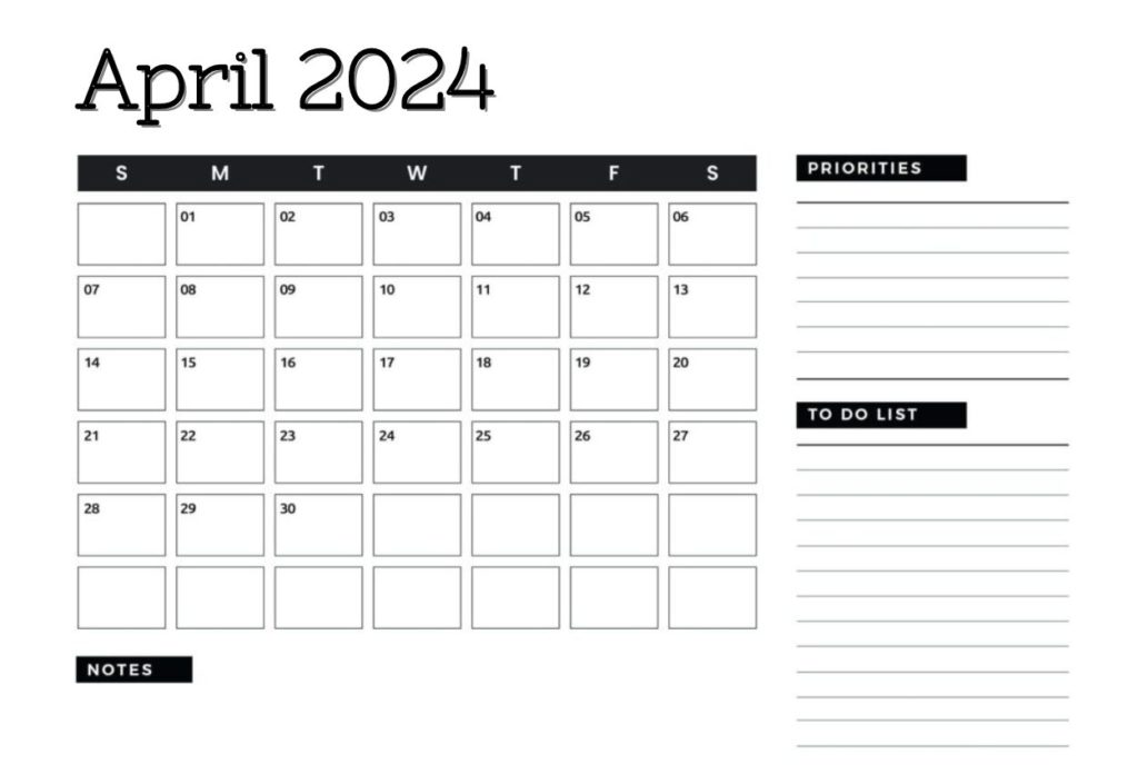 April 2024 Calendar With To Do List