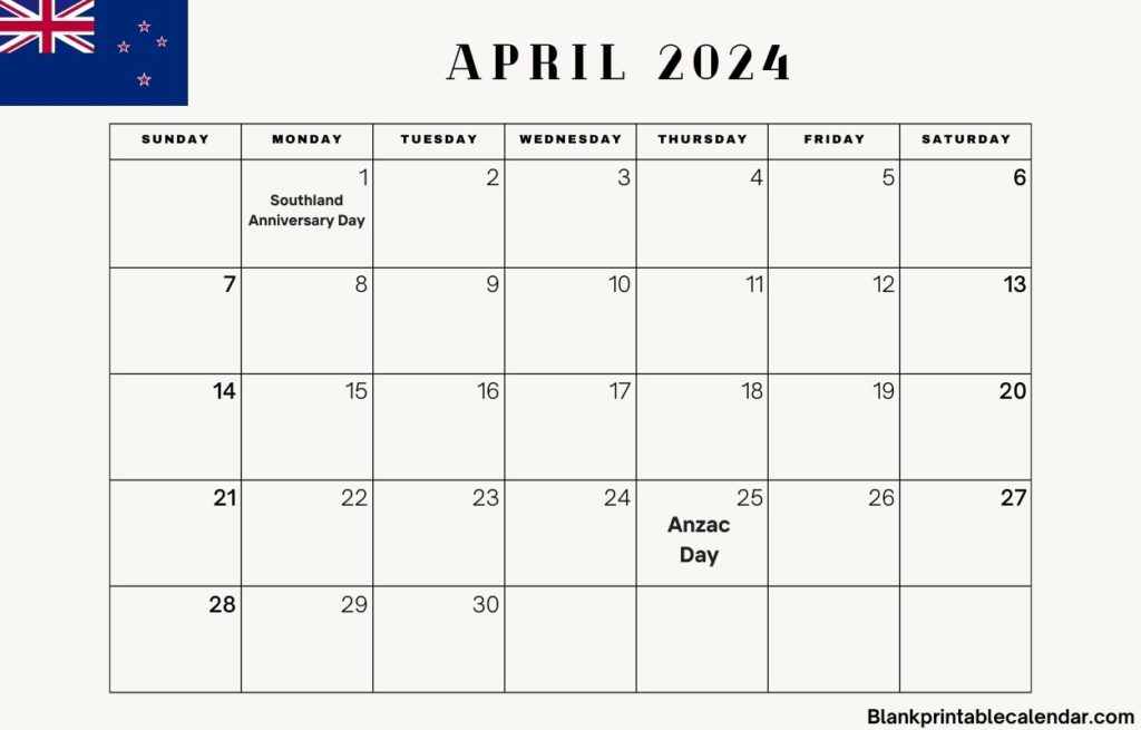 April 2024 New Zealand Holiday Editable Calendar