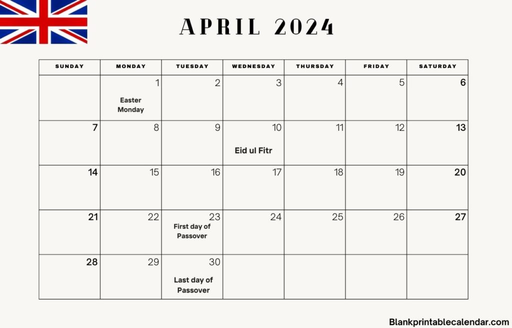 April 2024 UK Free Calendar