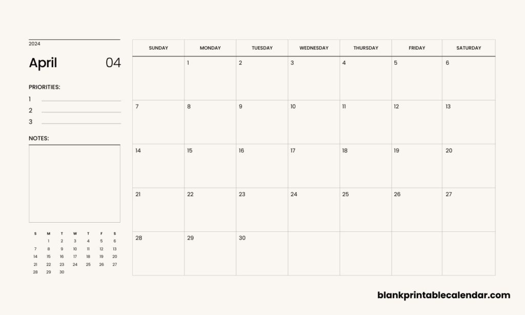 April Calendar 2024 Excel