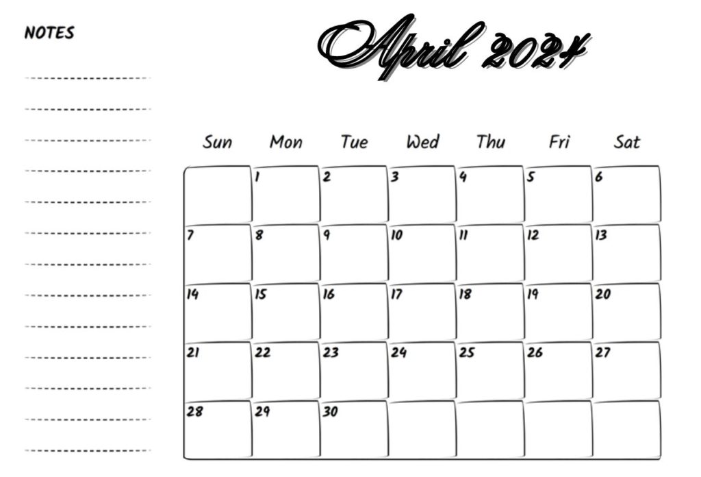 April Calendar 2024 Notable Template