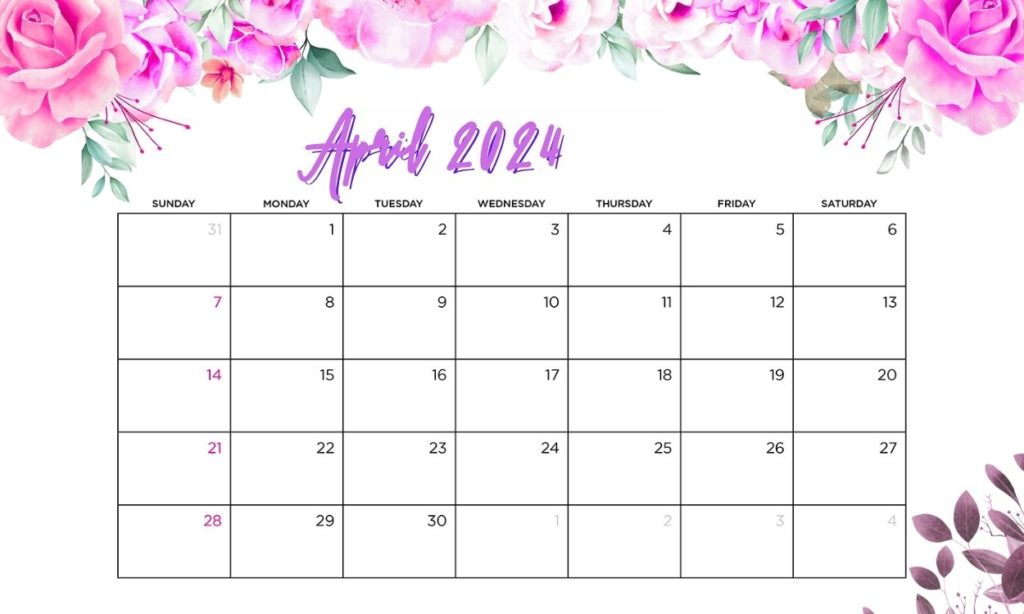 Floral April 2024 Calendar For Desk