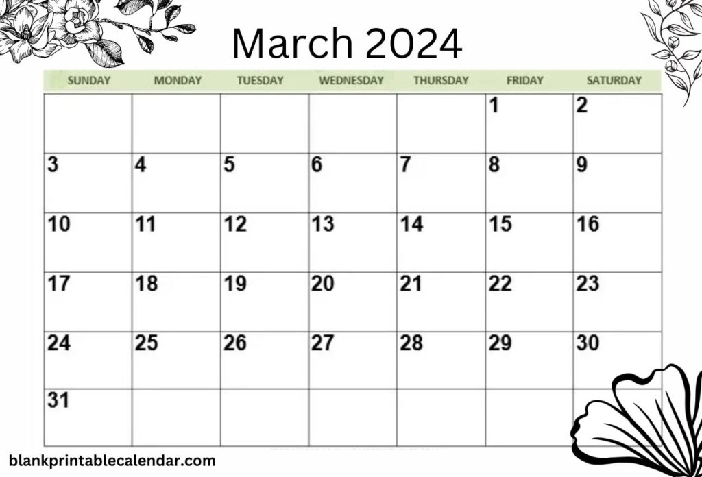 Floral March 2024 Calendar For Wall