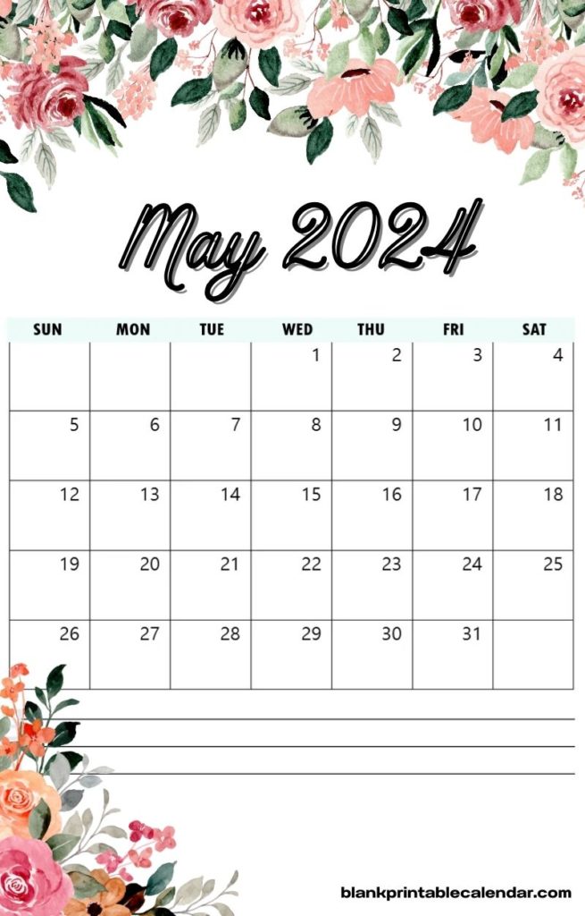 Floral May 2024 Calendar Wall Template