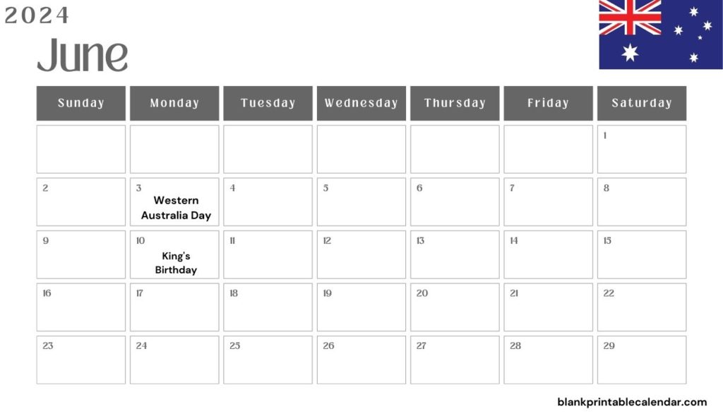 June 2024 Australia Holiday Fillable Calendar