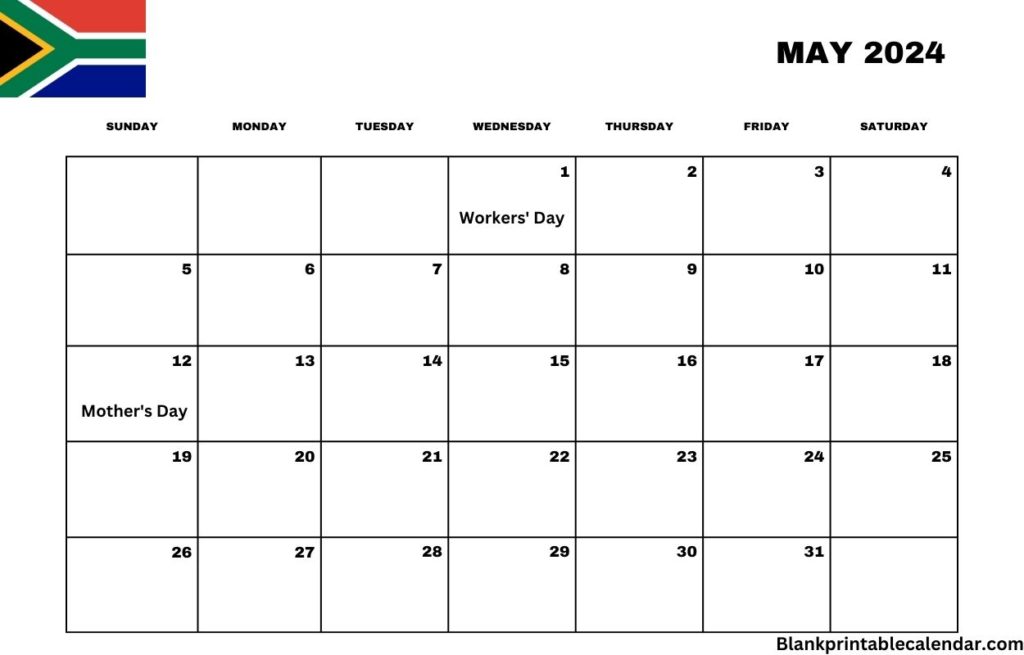 May 2024 South Africa Holiday Calendar