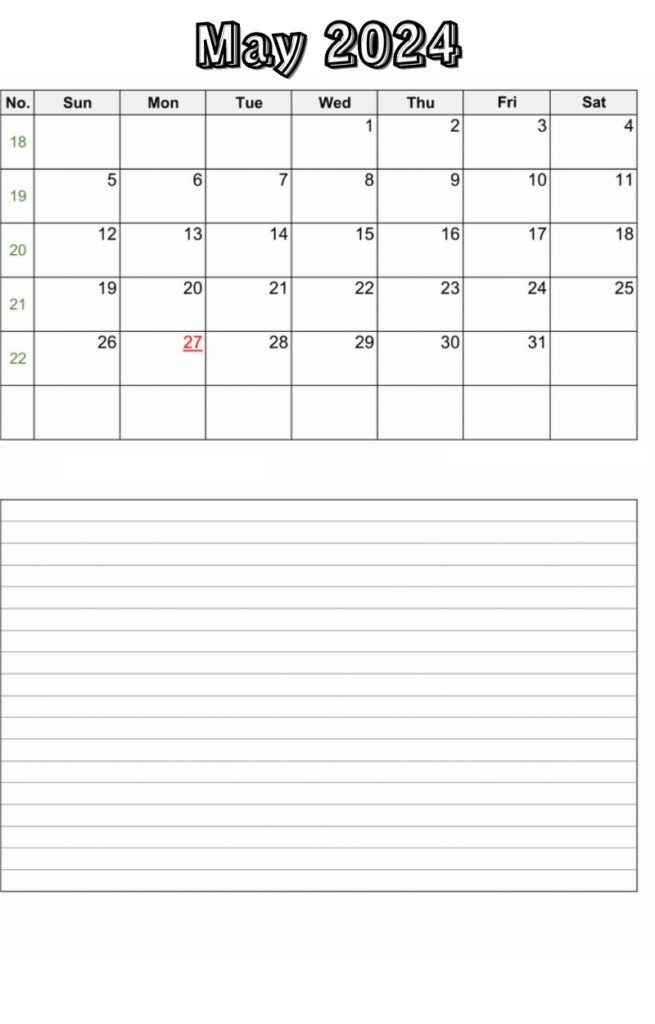 May 2024 simple notes Calendar