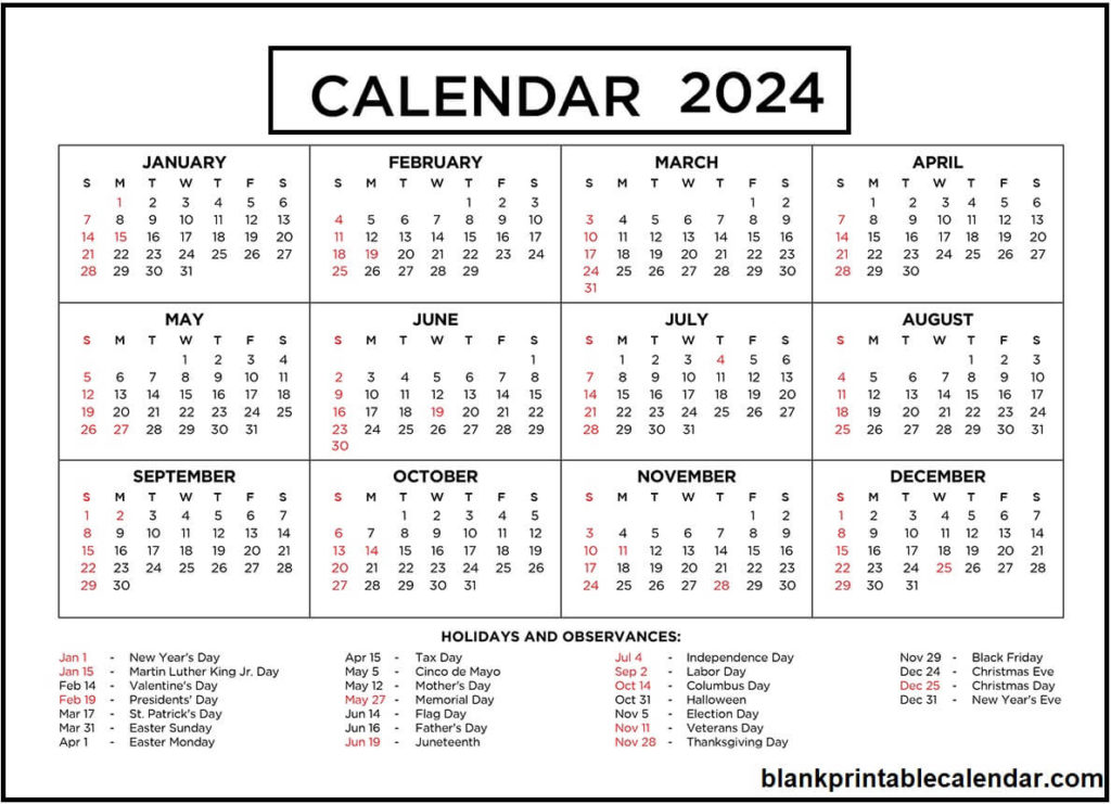 Printable 12 Month Calendar 2024