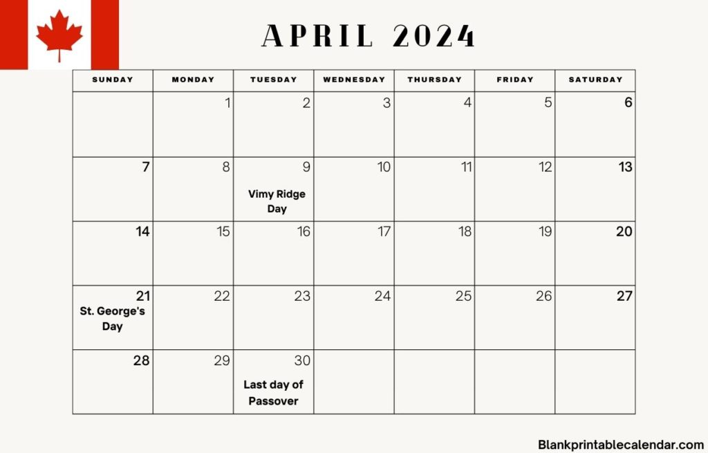 Printable April 2024 Canada Calendar