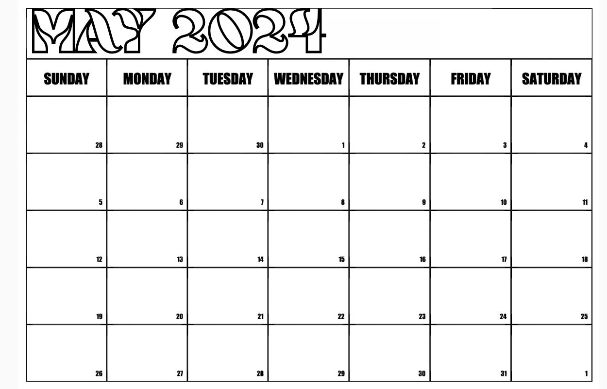 printable editable 2024 May Calendar