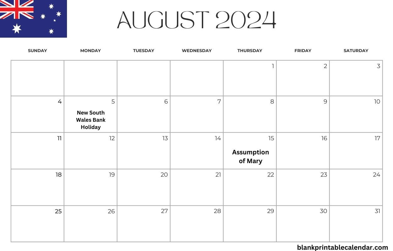 August 2024 Australia Holiday Calendar Word