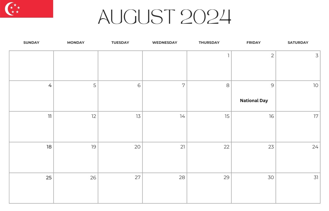 August 2024 Singapore Holiday Calendar Template