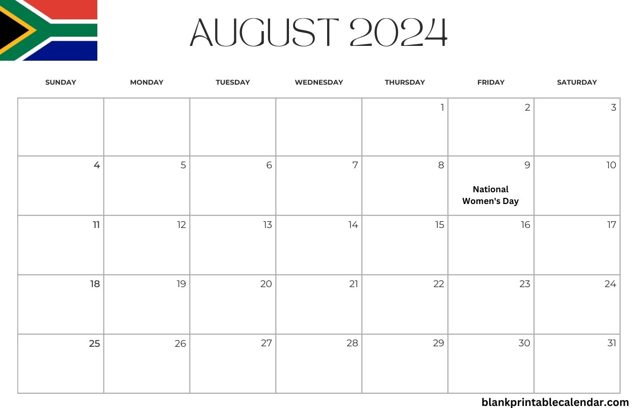 August 2024 South Africa Holiday Calendar PDF