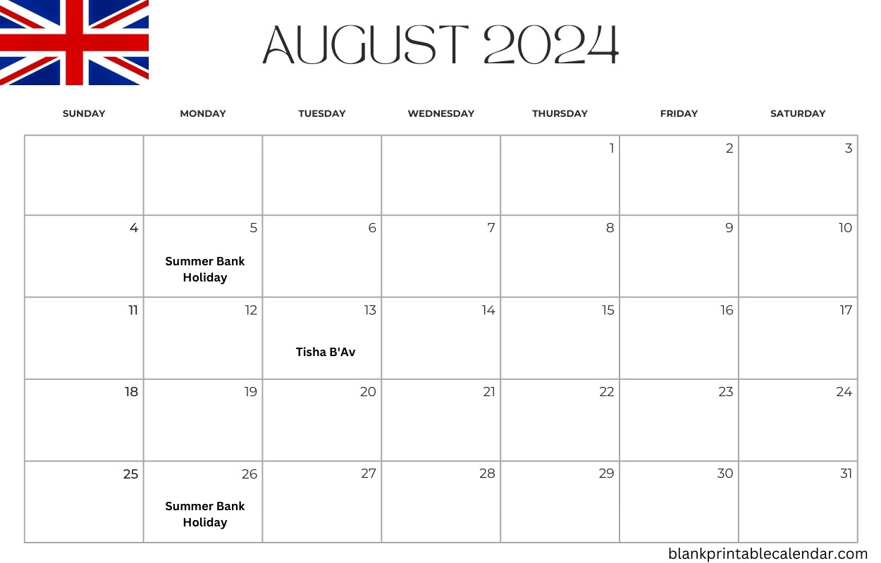 August 2024 UK Calendar Free