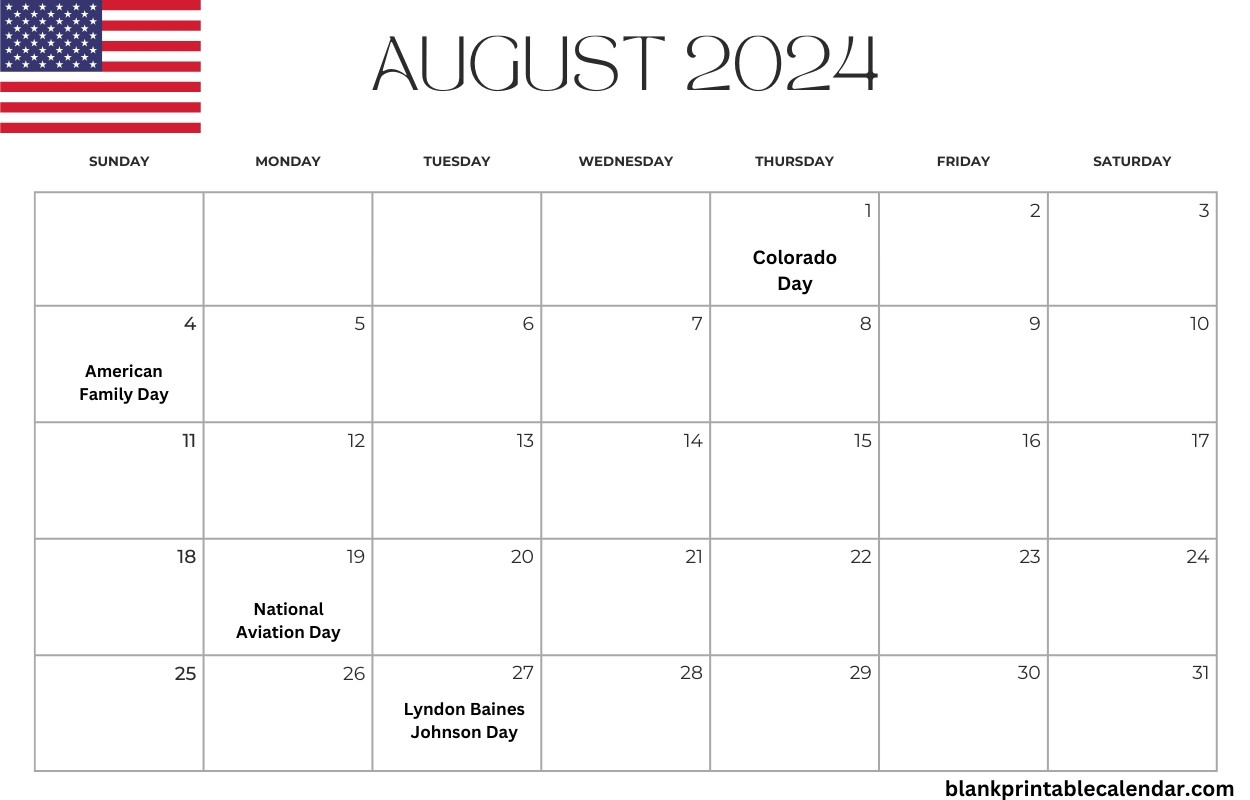 Printable August 2024 USA Calendar