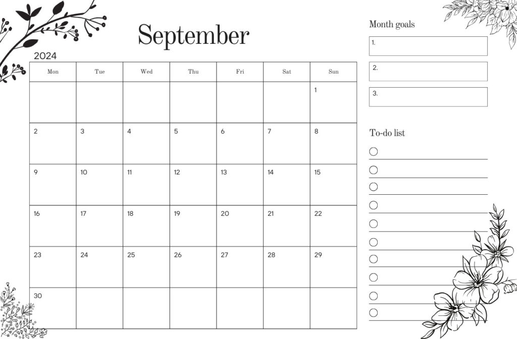 September 2024 calendar floral